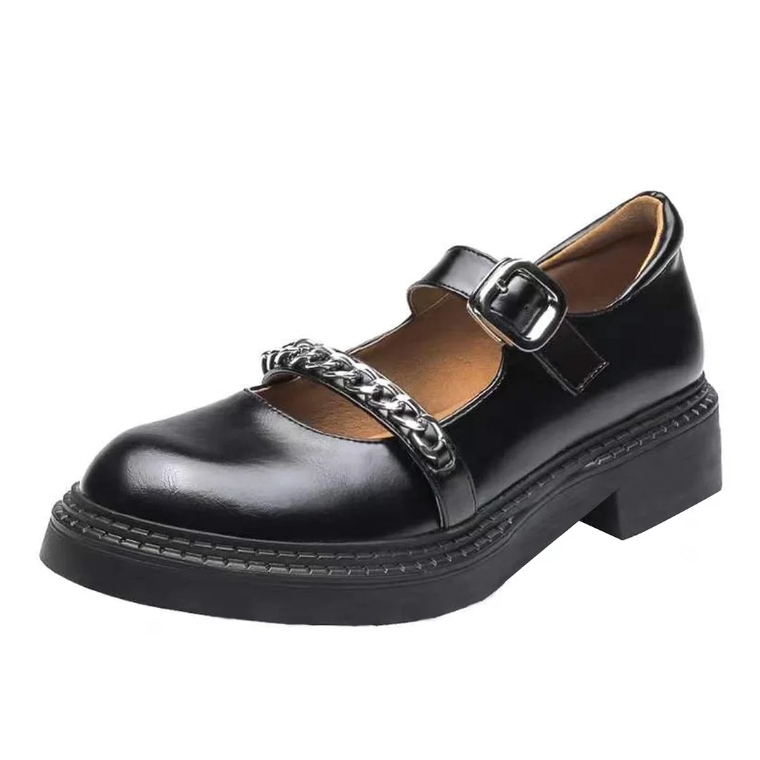 Black Vegan Leather Round Toe Metallic Chain Strappy Mary Jane Shoes 