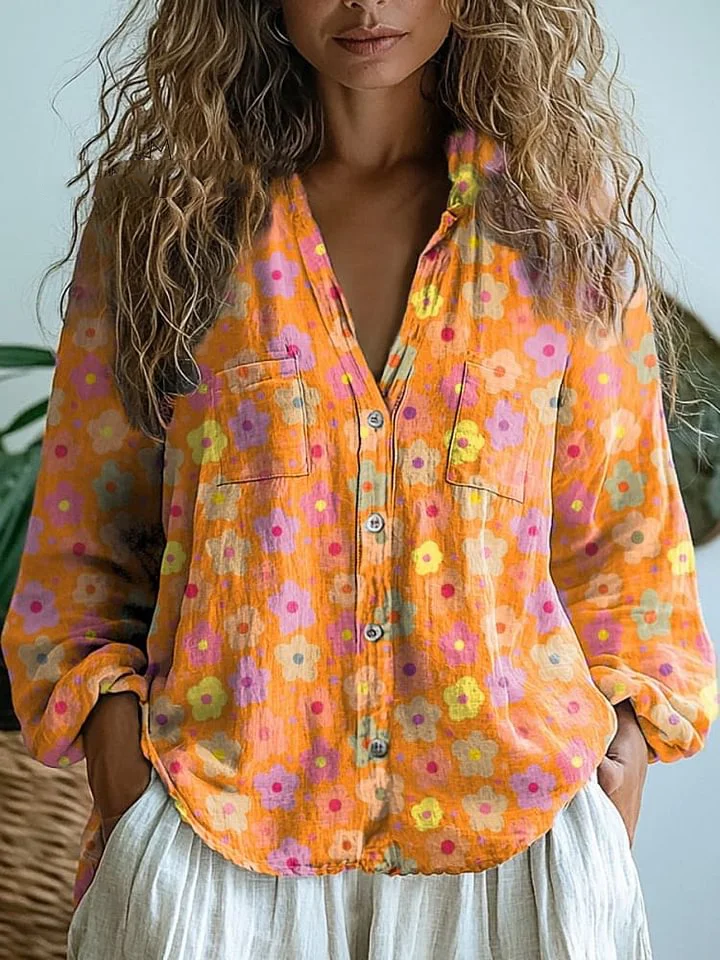 Vibrant Summer Floral Repeat Pattern Printed Women's Casual Long Sleeve Comfortable Cotton Shirt