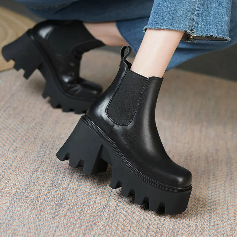 Fashion Platform Chelsea Boots For Women Chunky Heels Ladies Leather Shoes Autumn Winter Slip On Square Toe Female Ankle Boots