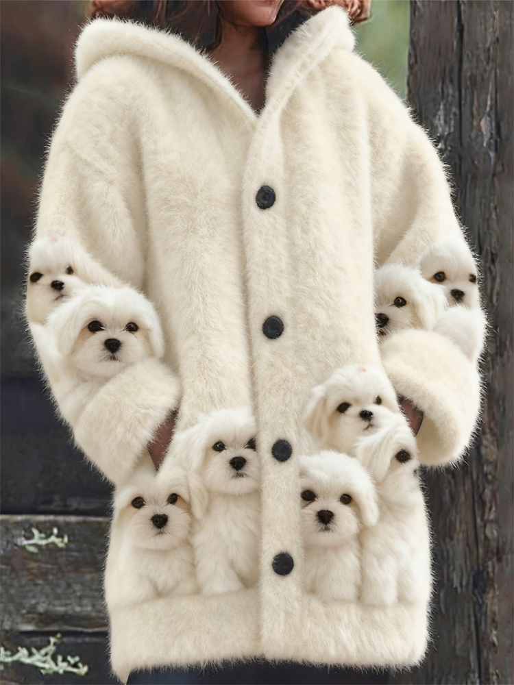 lareven Fuzzy Maltese Dogs Art Cozy Knit Hooded Cardigan
