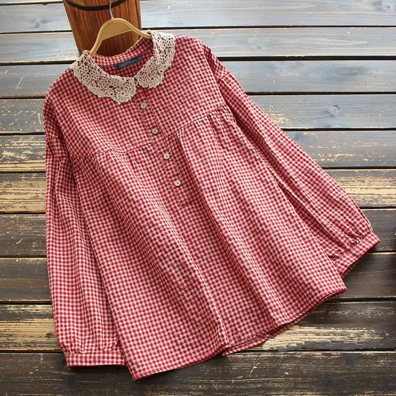 Oversized Vintage Blouse Women Long Sleeve Plaid Shirt ZANZEA Retro Autumn Casual Lace Patchwork Tops Button Blusas Chemise