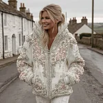 Women's Vintage Flower Embroidery Art Casual Zip Up Hoodie - Image 2