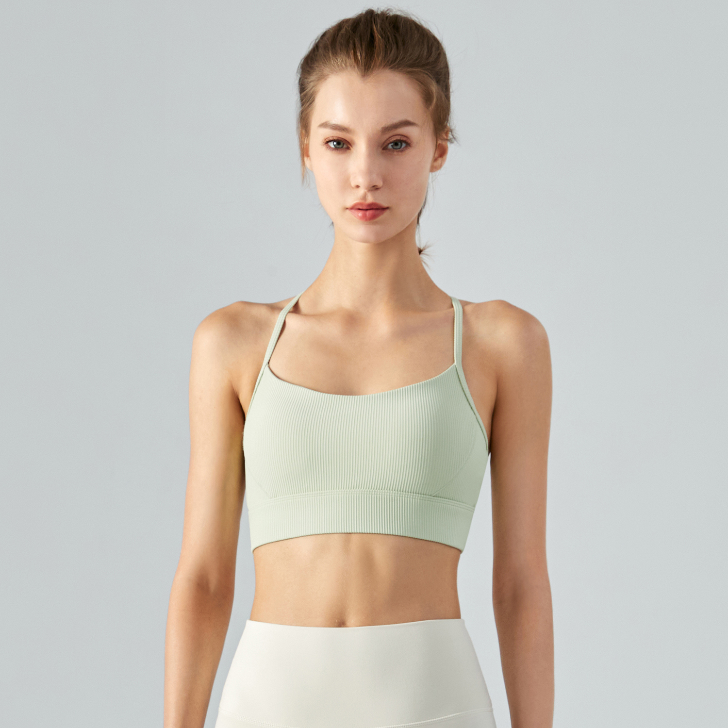 Buy Hergymclothing Light Cream Green women's t letter back thin straps halter sports bra with removable cups online