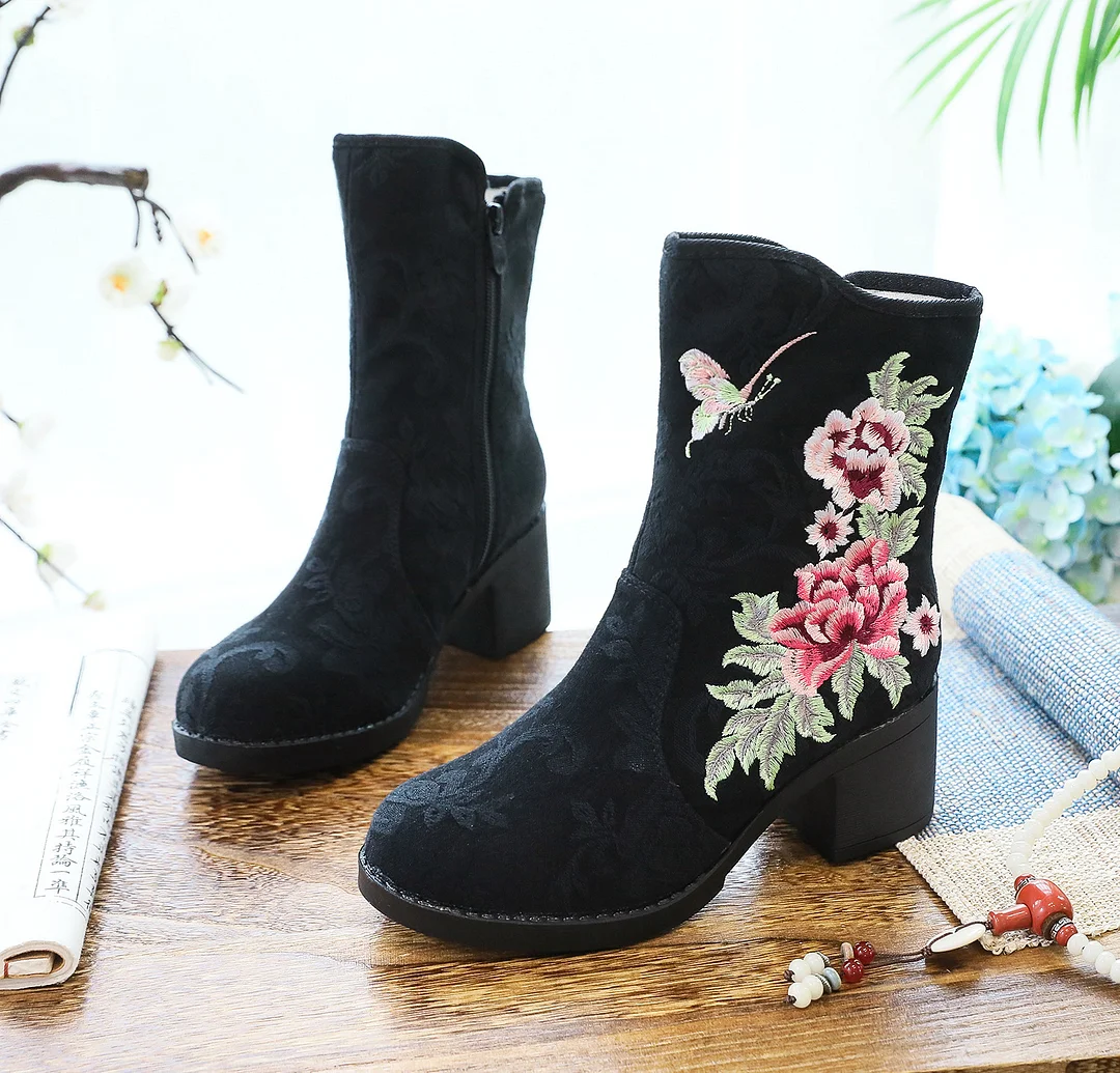 Zingj Zingj Boots / Cotton Boots, Embroidered Cloth Boots Fall / Winter Women's Ankle Boots High Heel Fall / Winter Embroidered Shoes Cloth Shoes