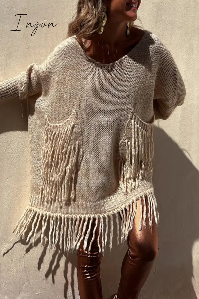 Ingvn - Casual Solid Tassel Pocket Weave O Neck Tops Camel / S/M Tops/Sweaters & Cardigans