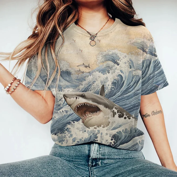 Japanese Art Shark In The Waves Painting Art T-Shirt
