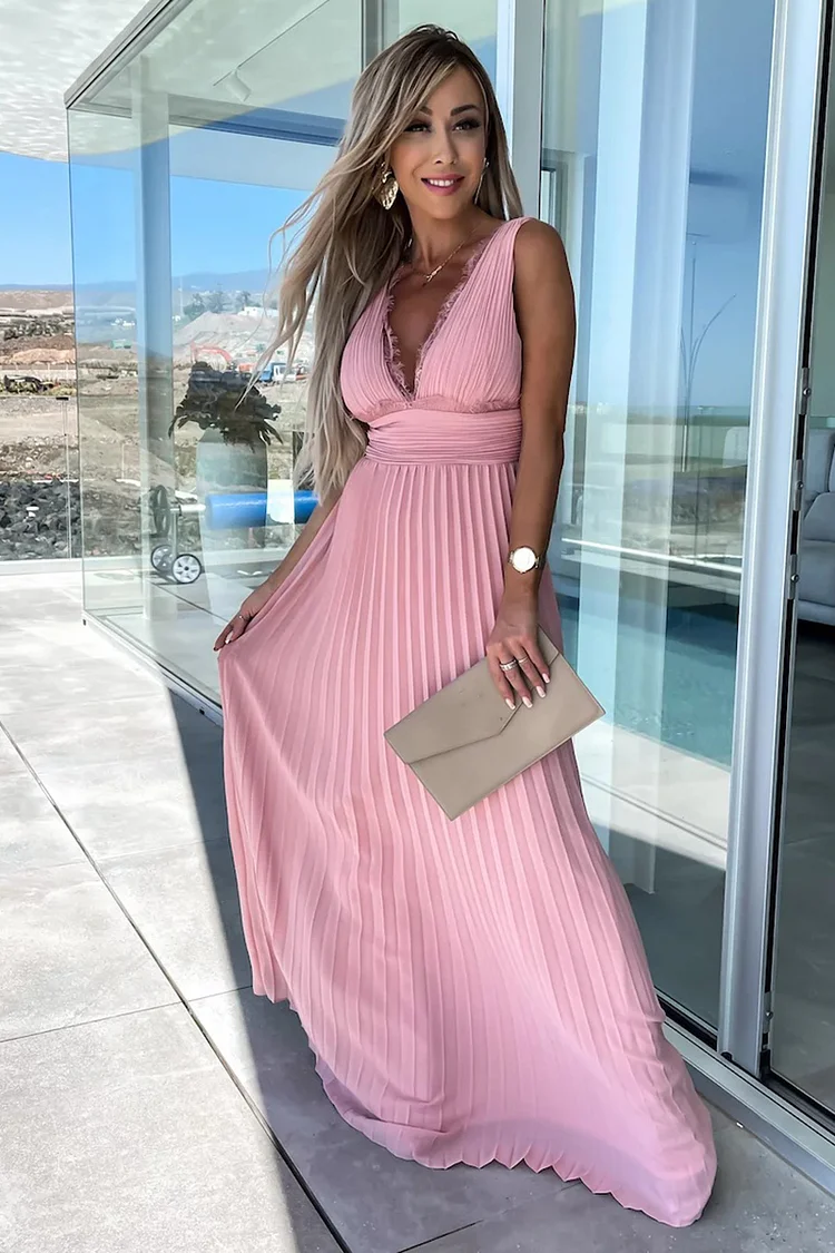 Lace Deep V Neck Sleeveless All Over Pleated Backless A-line Prom Maxi Dresses