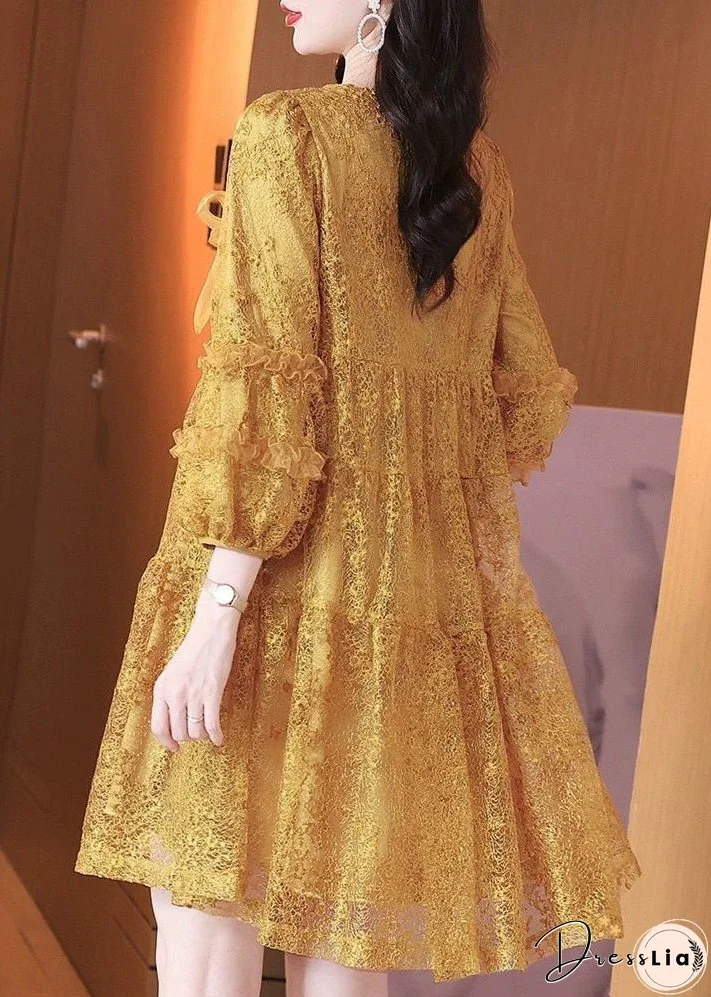 Italian Yellow Ruffled Button Lace Shirt Mid Dress Bracelet Sleeve