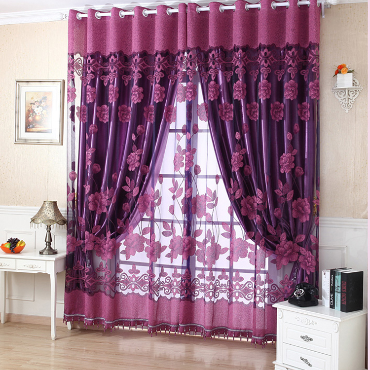 Decoration Polyester Cotton Deep Purple Floral Sheer and Shading Cloth ...