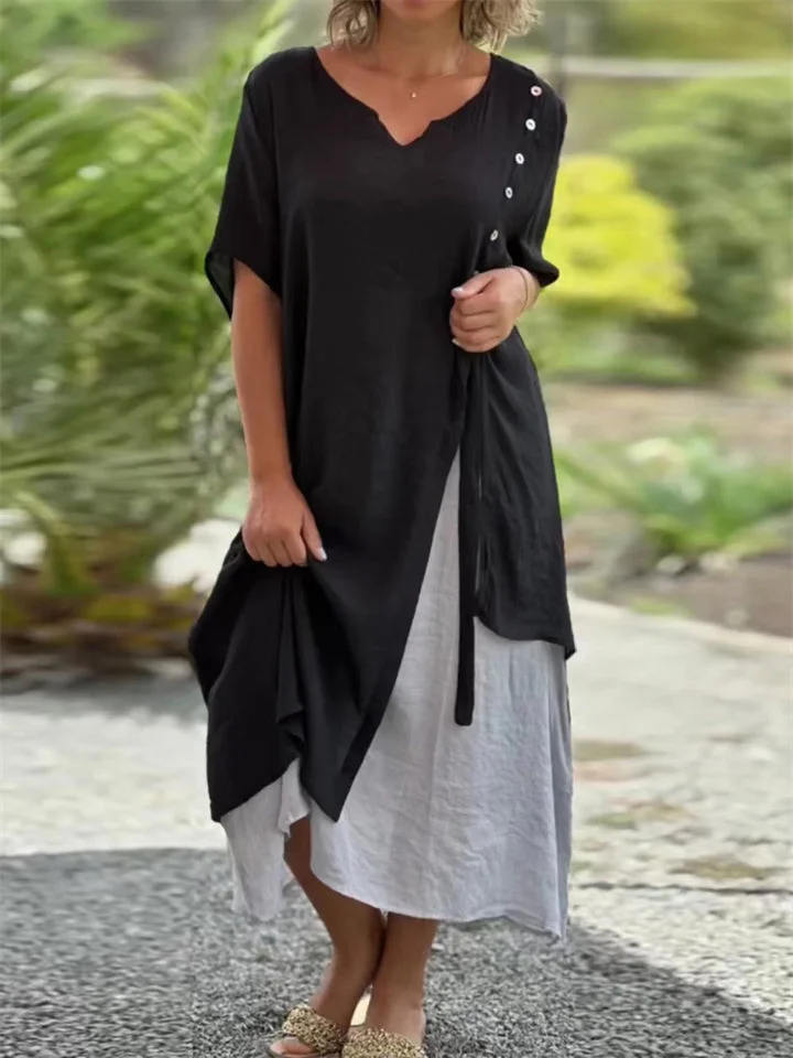 Country Style V Neck Short Sleeve Irregular Hem Dress for Women【Buy 2 Free Shipping】