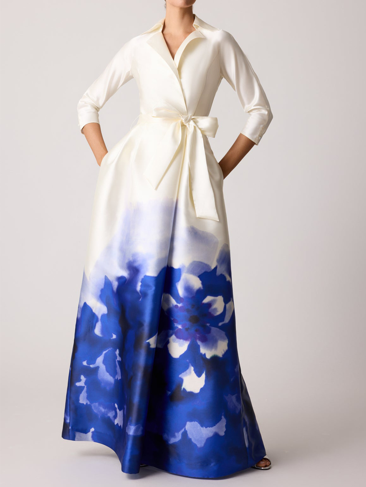 Formal Lapel Collar 3/4 Sleeve Gradient Floral Maxi Dress