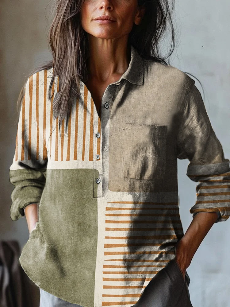 Women's Geometric Abstract Art Print Casual Cotton and Linen Shirt