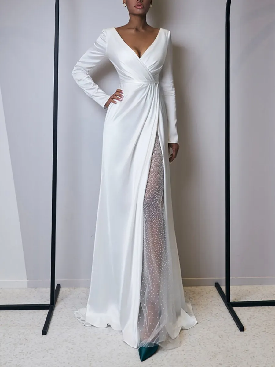 Charming V-neck Cap Sleeves Open Back Maxi Dresses with Slit White main image 1