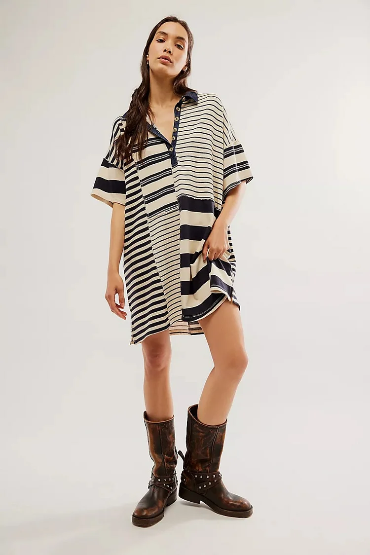 Casual Colorblocked Striped Lapel Long T-shirt