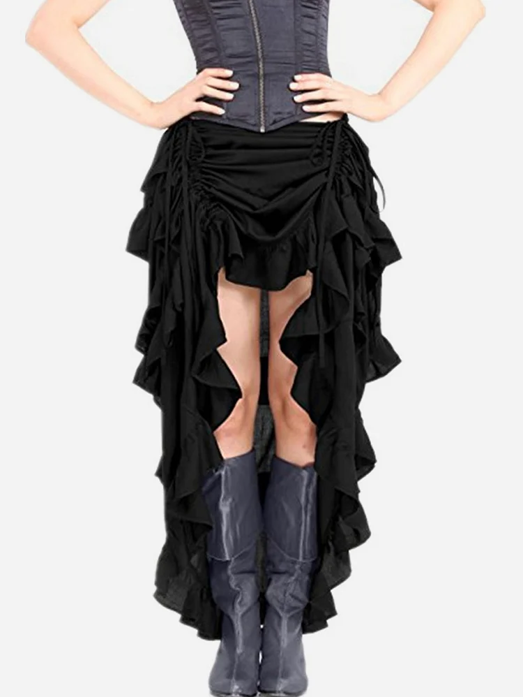 Solid Ruffled High Low Hem Drawstring Tiered Skirt