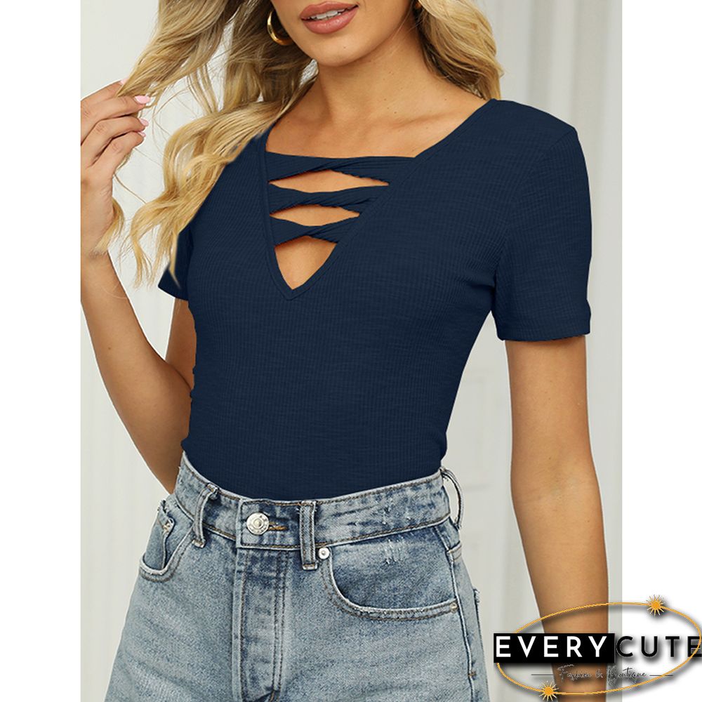 Navy Blue Rib Strappy Hollow-out Neck Short Sleeve Tees