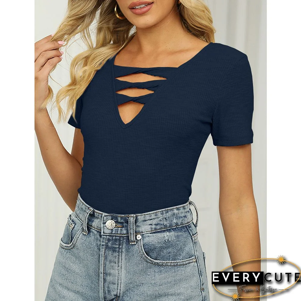 Navy Blue Rib Strappy Hollow-out Neck Short Sleeve Tees