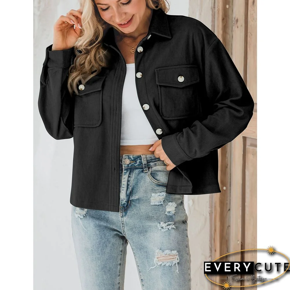 Black Corduroy Cropped Jacket with Pocket