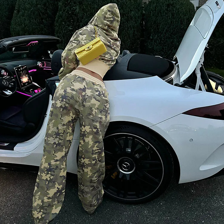 Casual Contrast Color Cinched Hoodie Long Sleeve Sweatshirt Sweatpants Two Piece Camouflage Cardigan Coat Trousers Sets 