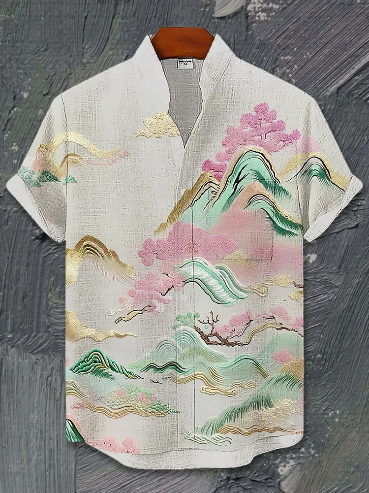 Men's Chinese Style Embroidery Landscape Painting Print Casual Shirt