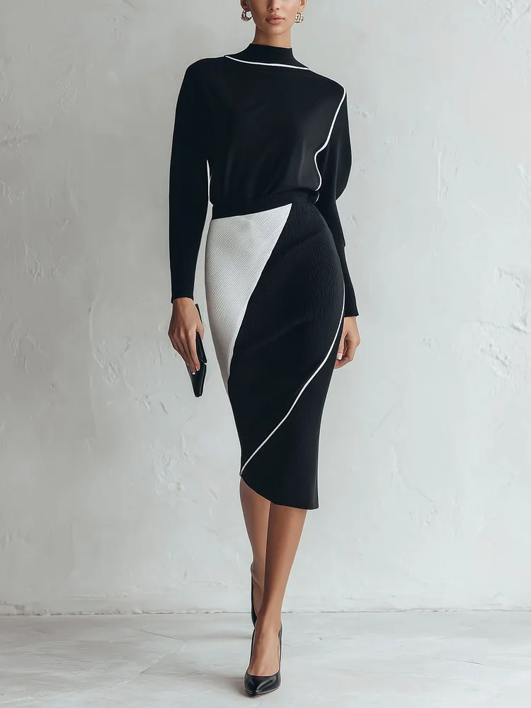 Women&rsquo;s Black & White Contrast Knit Midi Dress &ndash; Long Sleeve Mock Neck Bodycon Sweater Dress