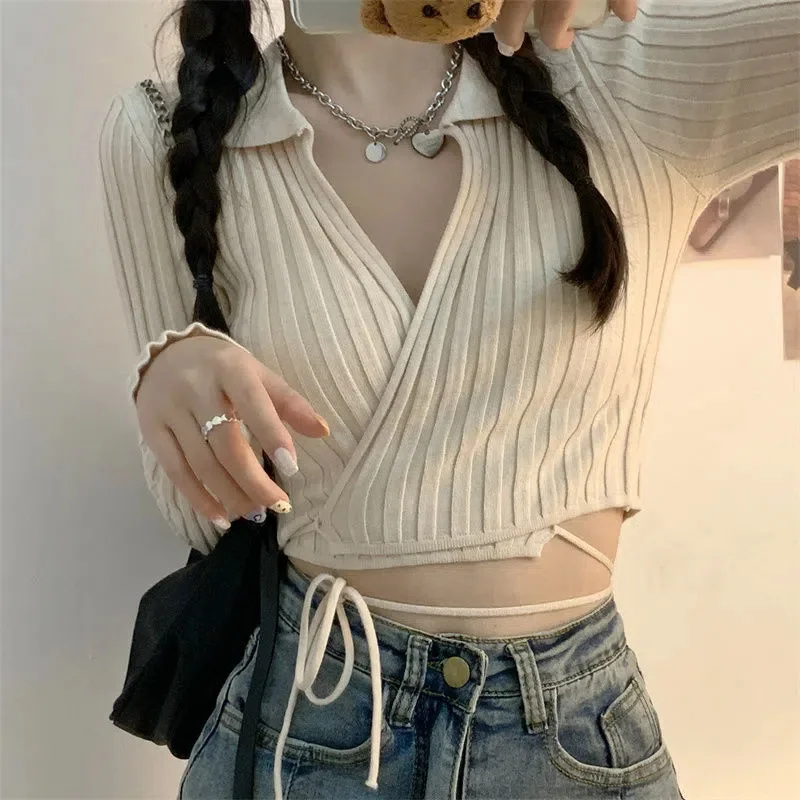 Uveng Uveng Strapped Sweater Cardigan Woman Spring 2023 New Hot Girl Exposed Umbilly Knitted Blouse Outside Tide
