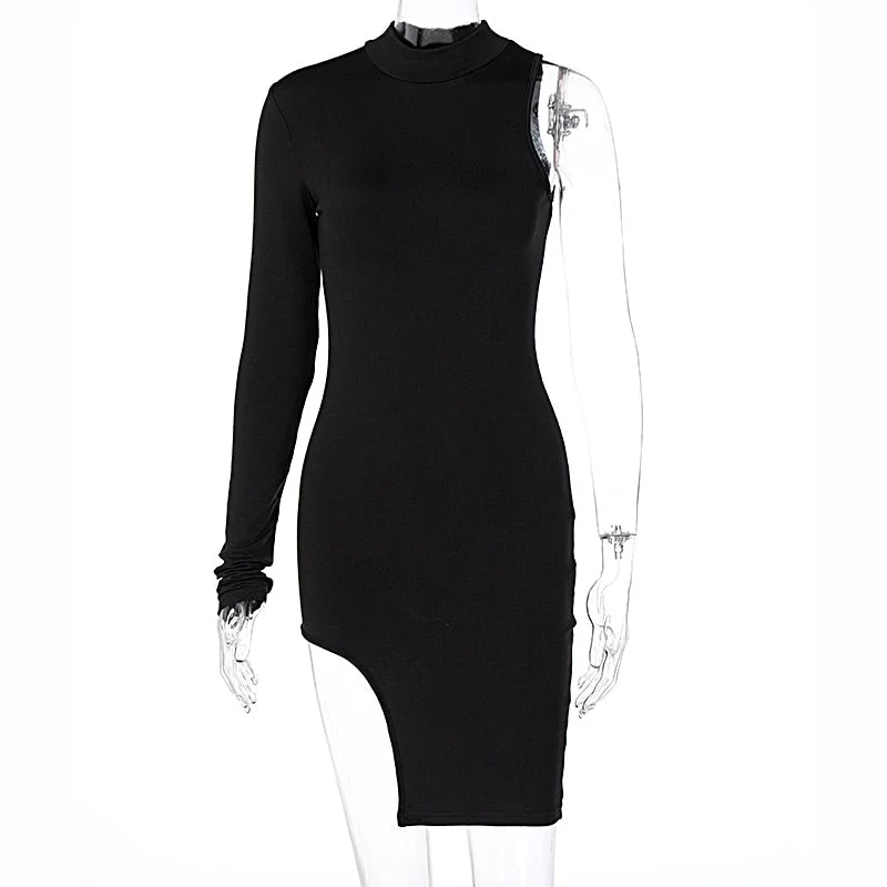 Dulzura solid women mini dress one shoulder long sleeve turtleneck bodycon slit sexy streetwear party elegant 2020 autumn winter