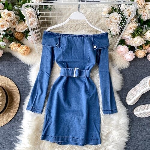 Neploe Spring Off-Shoulder Dress Women New Fashion Solid Long-Sleeved Zipper Denim Short Dresses Casual Vestidos 1C240 - Life is Beautiful for You - SheChoic