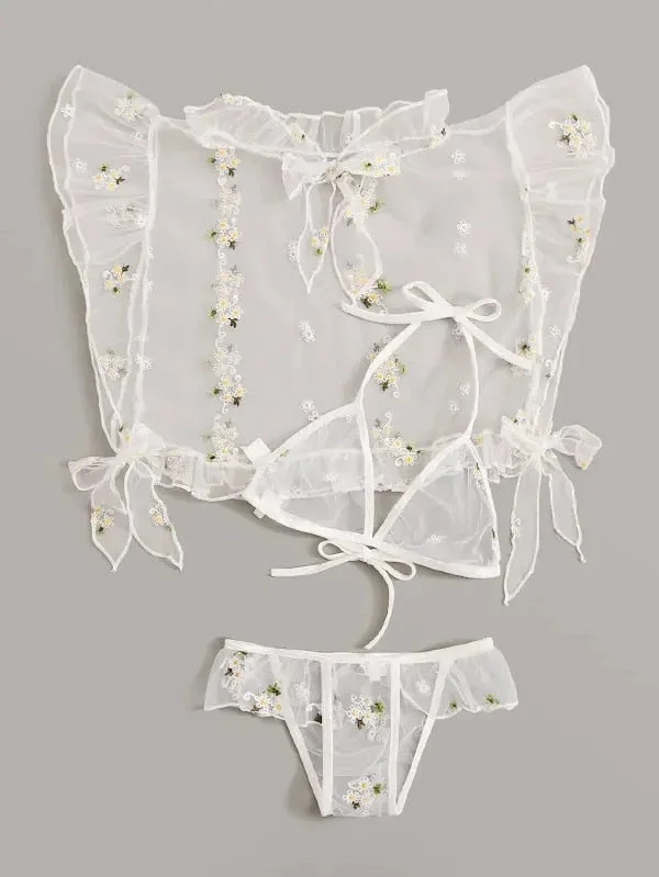 Porno Women's Sexy Lingerie Mesh Bra Set Off Shoulder Ruffle Underwear Cute Wireless Transparent Bralette Thong Intimates