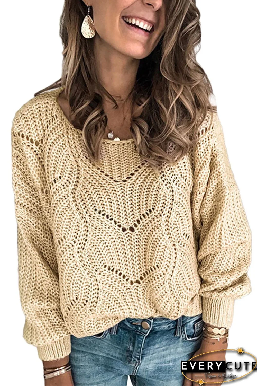 Khaki Hollow-out Round Neck Knitted Sweater