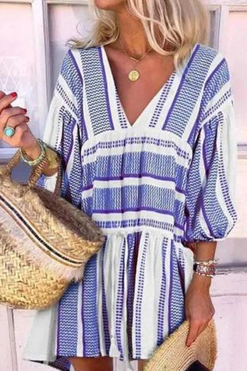 V-Neck Stripe Three Quarter Sleeve Dress