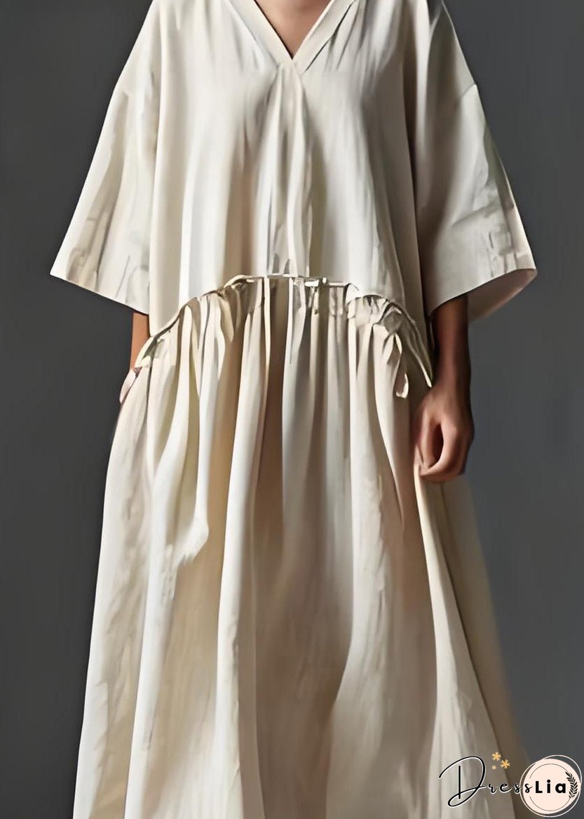 Italian Beige V Neck Wrinkled Patchwork Linen Long Dress Summer