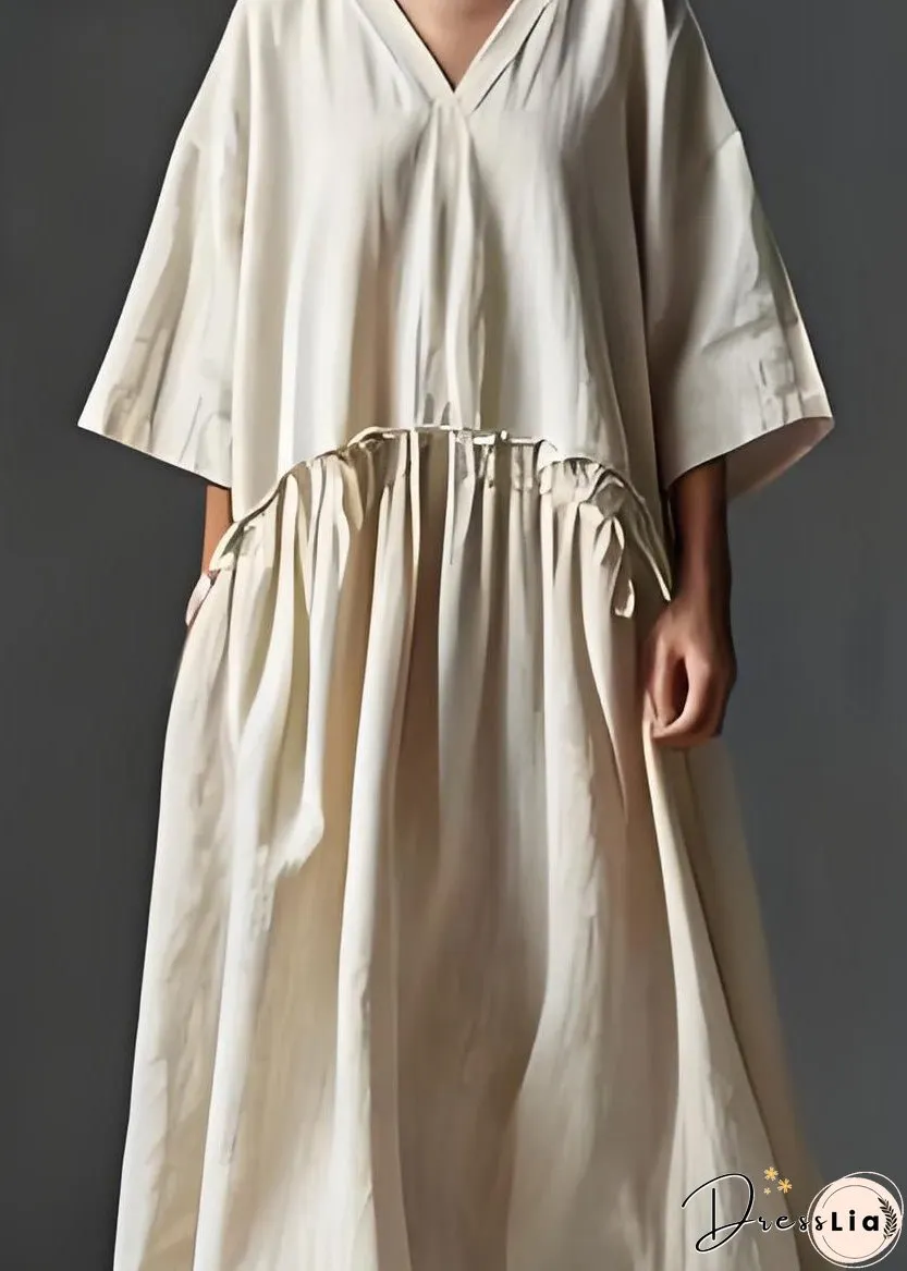 Italian Beige V Neck Wrinkled Patchwork Linen Long Dress Summer