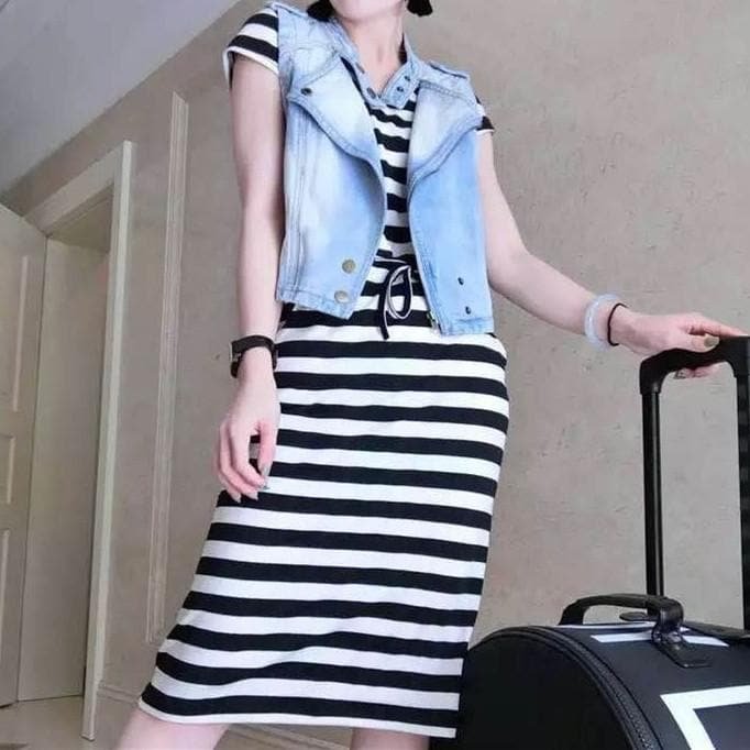 M/L Stripe Dress + Casual Denim Jacket Set SP152611
