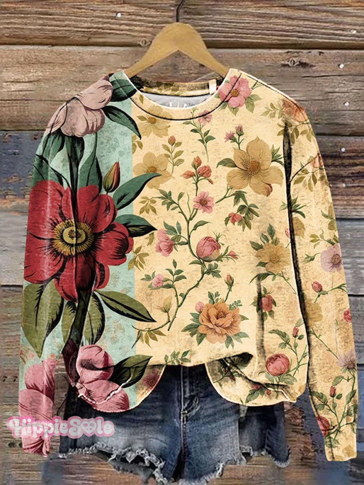 Vintage Bohemian Floral Art Print Casual Sweatshirt Multicolor / S