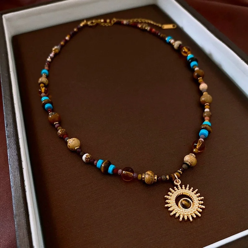 African Tribal Sun Graphics Ethnic Beads Necklace