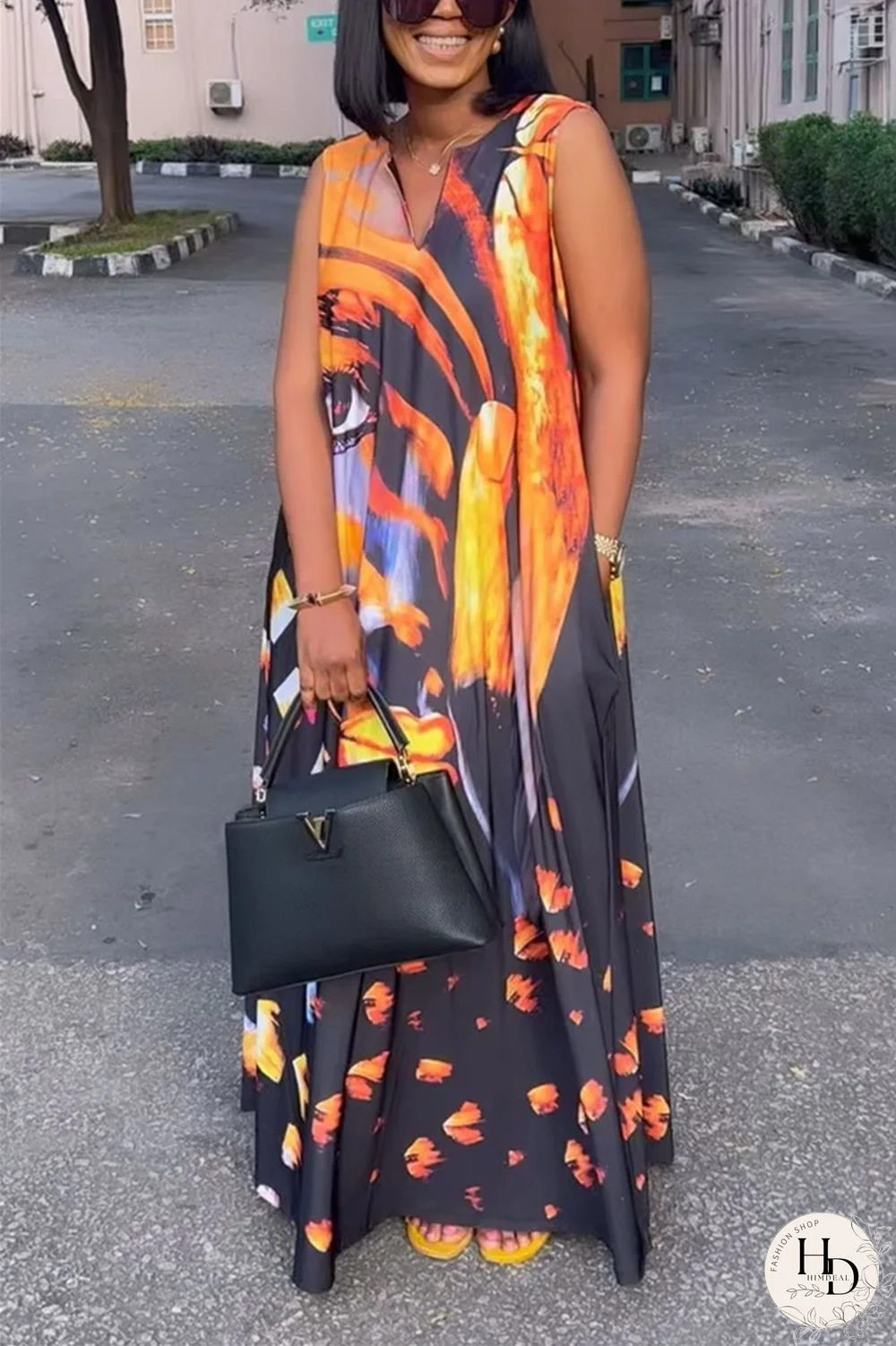 Orange Casual Vintage Vacation Mixed Printing Printing V Neck Vest Dress Dresses