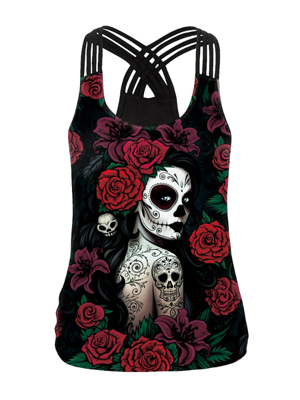 Rose Skull Queen Cross Shoulder Strap Vest