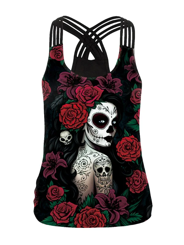 Rose Skull Queen Cross Shoulder Strap Vest