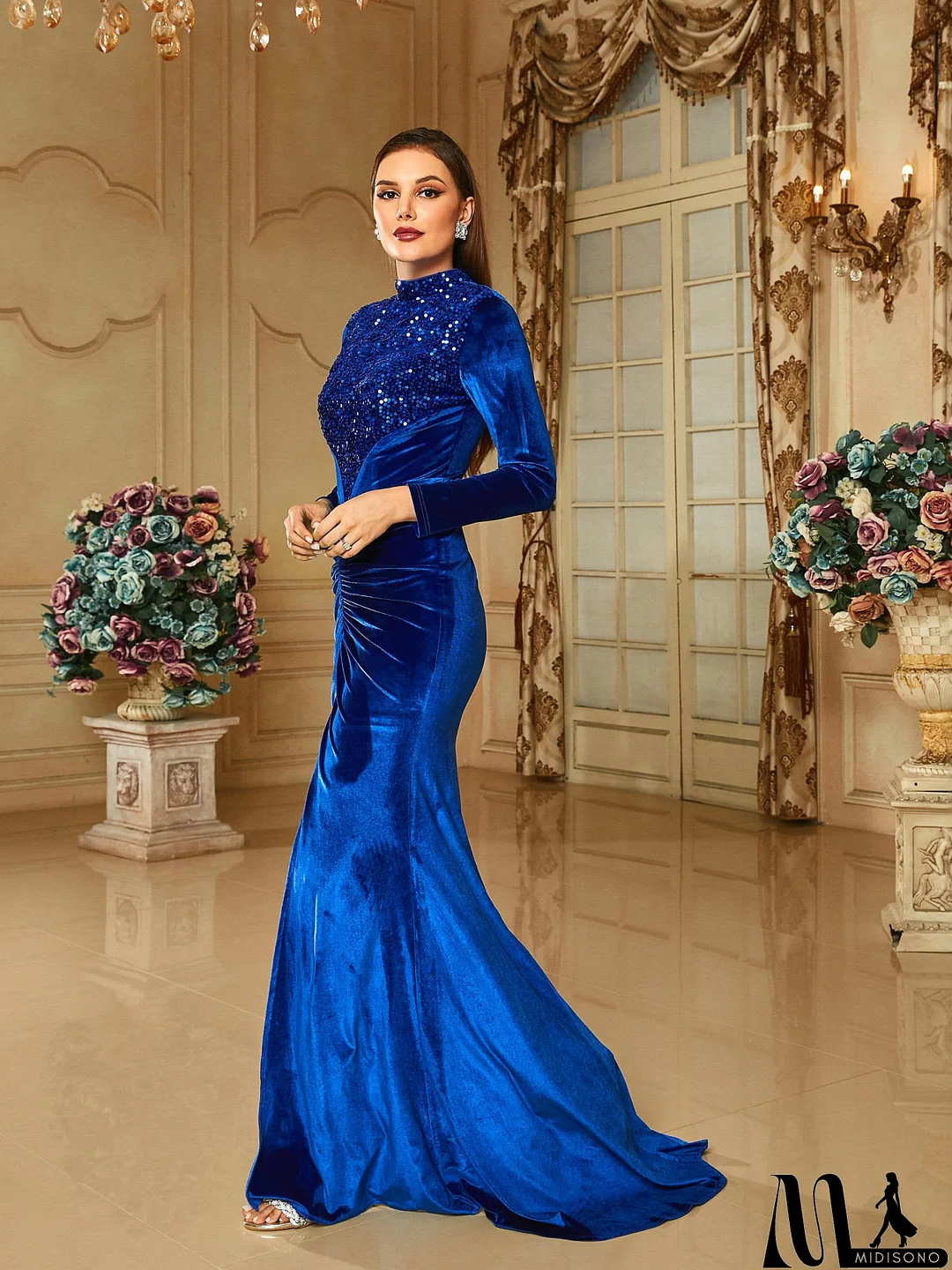 MidiSono - Stand Collar Split Mermaid Pleated Long Sleeve Prom Dress RM20654