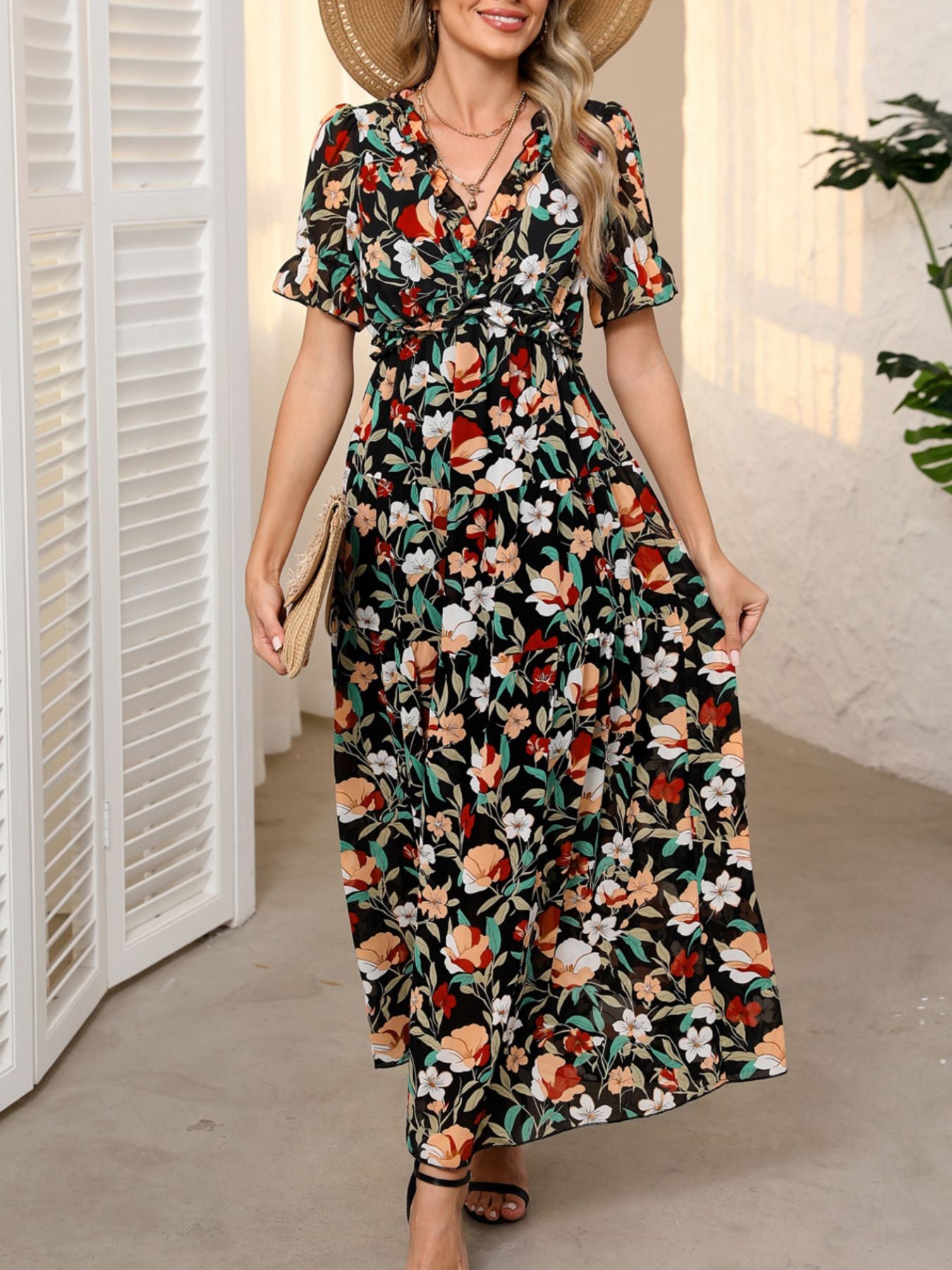 Floral Print Frilled V Neck Short Sleeve Maxi Dress mysite idetrend