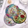 4PCS Wooden Diamond Painted Placemat Round Placemat with Holder(Rose Bouquet)