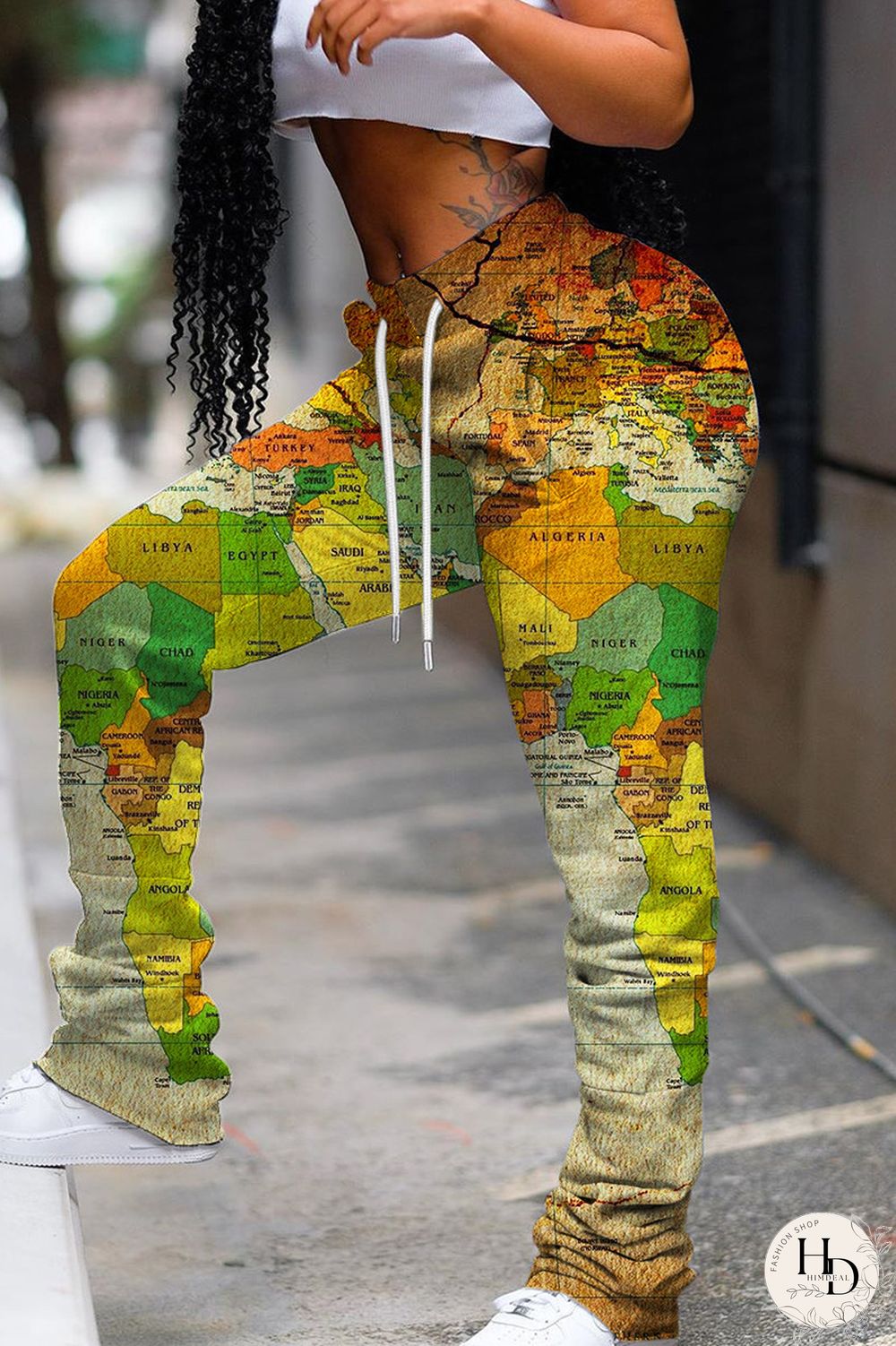 Orange Casual Print Fold Regular Mid Waist Conventional Full Print Trousers