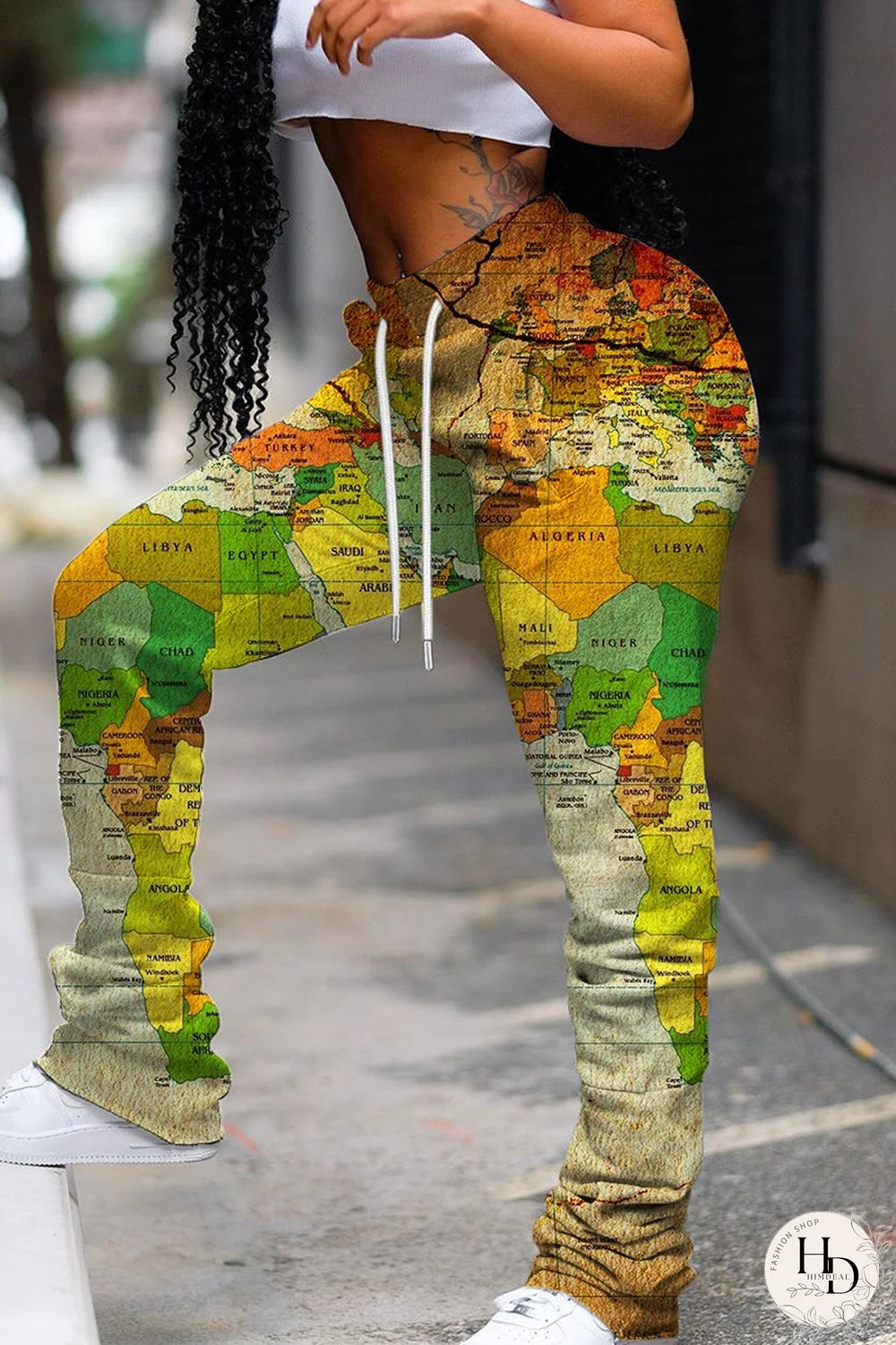 Orange Casual Print Fold Regular Mid Waist Conventional Full Print Trousers