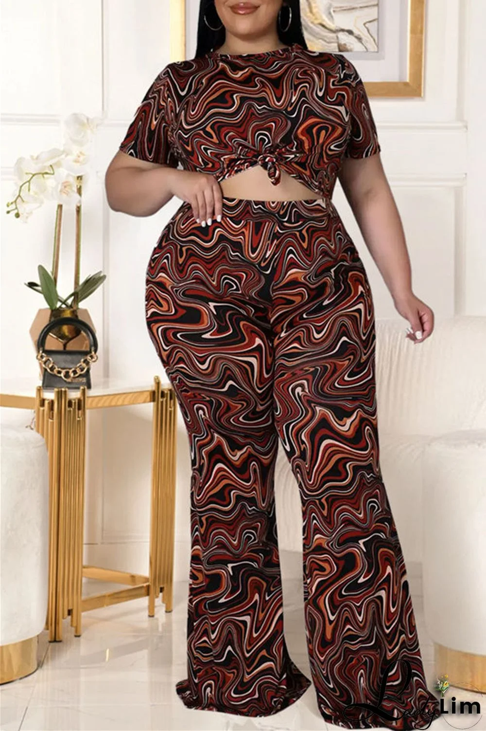 Coffee Fashion Casual Print Basic O Neck Plus Size Two Pieces