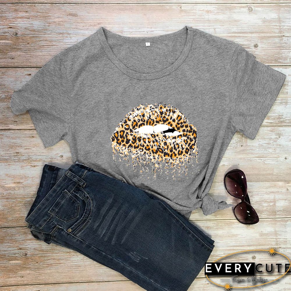 Funny Leopard Lips Dripping T-shirt TrendyPersonalityShirtsWomenFashionCasualPureCottonVintageShirt 90sAesthetic Tee