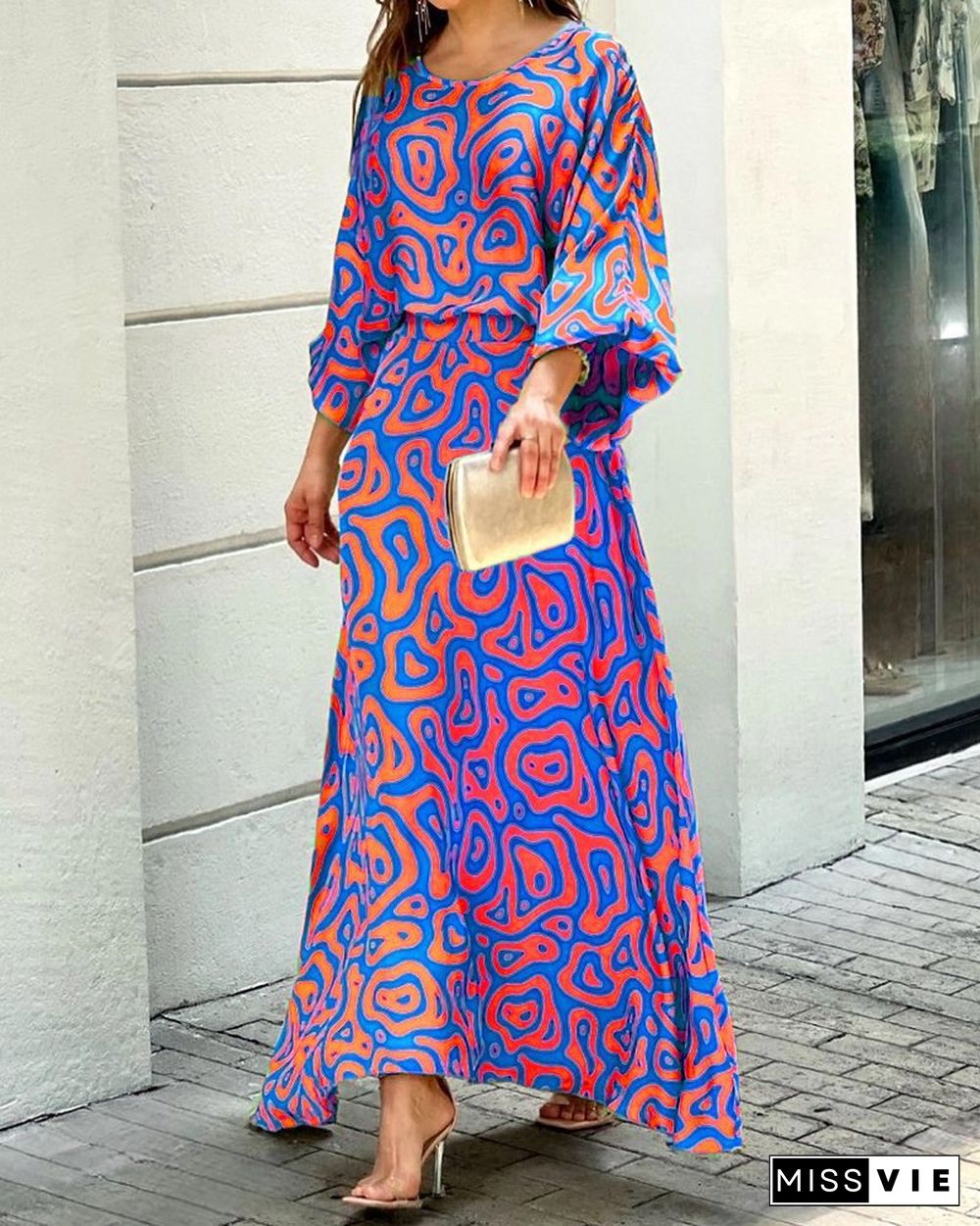 Summer New Loose Printed Maxi Dress Long-sleeved Top High-waisted Half-length Dress Suit Vestidos De Mujer
