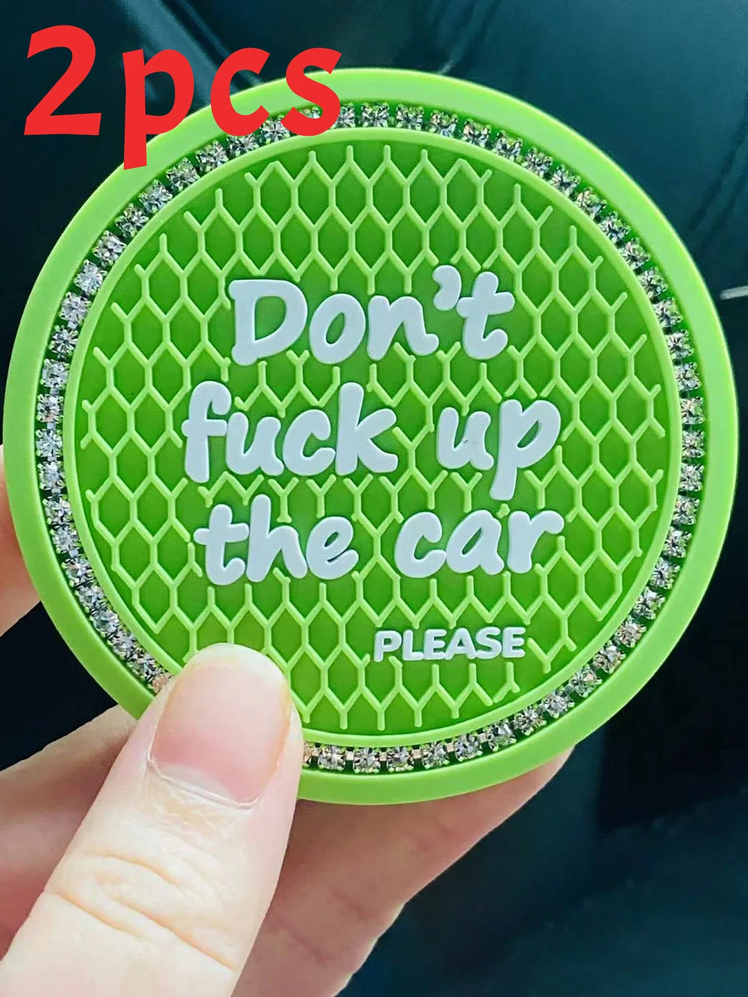 2pcs green silicone diamond car coasters, "Don't fuck up the car please" cute creative coasters, non-slip waterproof coasters, automotive general use