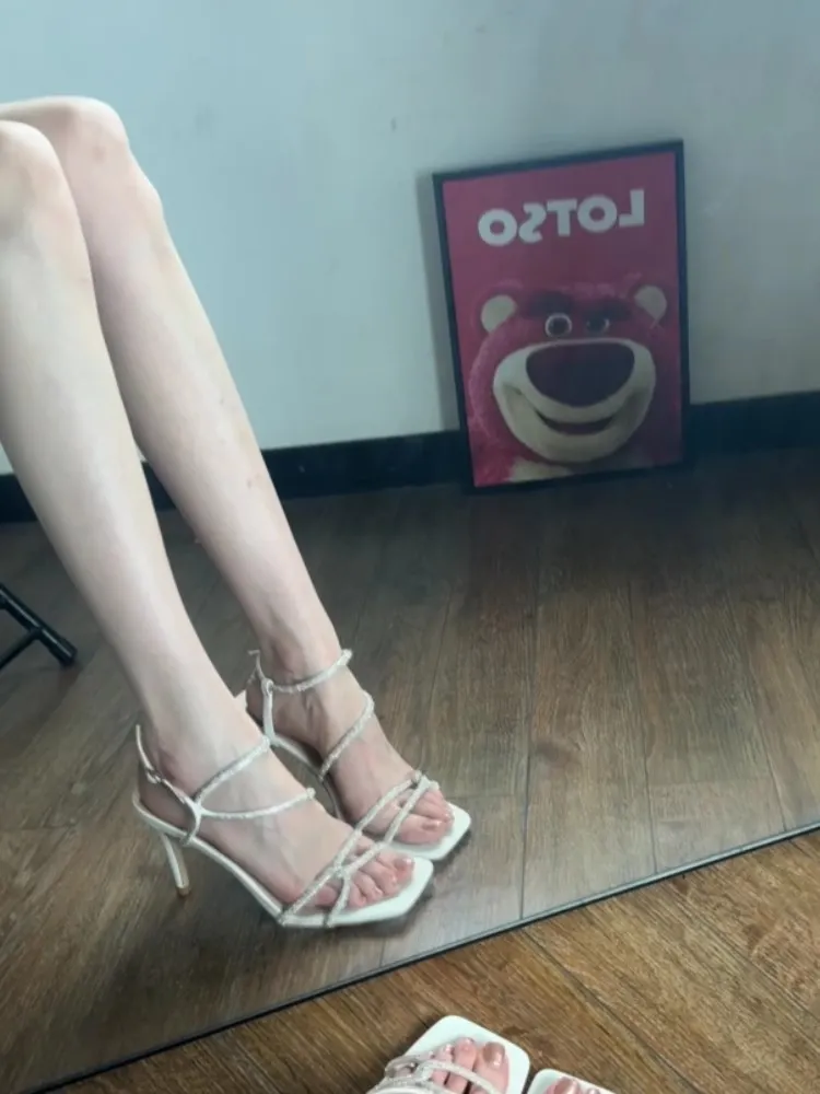 Breakj Breakj Tie High Heels Women 2025 Summer New White Water Drill With Summer Fine Heel Roman Sandals