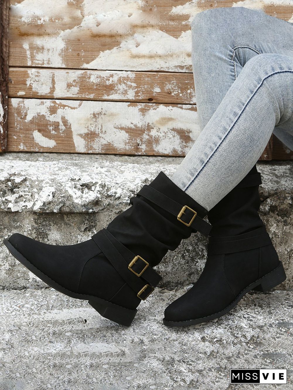 Ruched Buckle Casual Leather Booties
